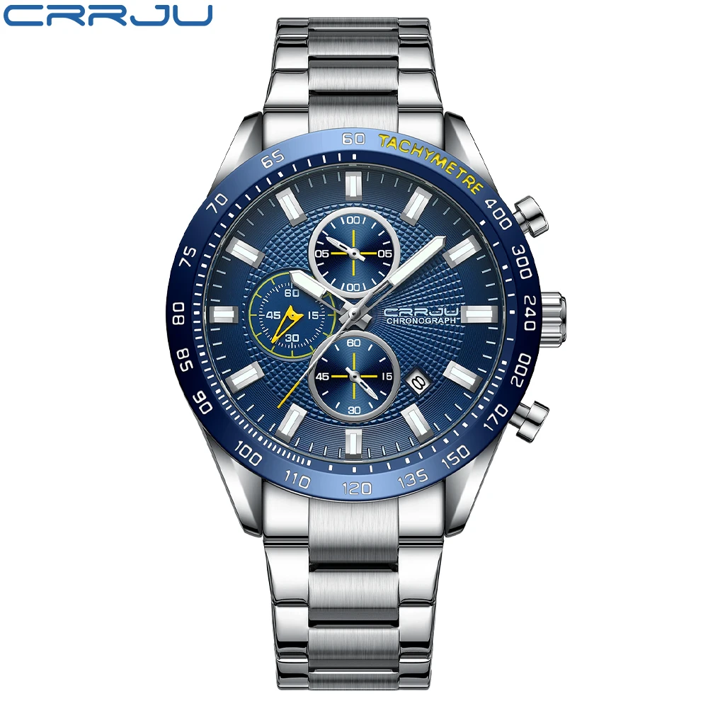 CRRJU 2022 New Watch For Men Luxury Silver Fashion Quartz Clock Analog Chronograph Sport Waterproof Stainless Steel Wristwatch