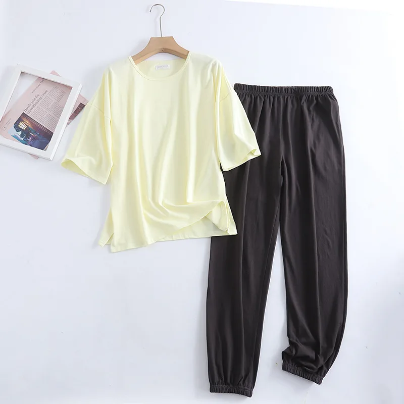 

New spring and summer ladies pajamas short-sleeved + trousers two-piece set 100% cotton knitted casual loose homewear suit woman