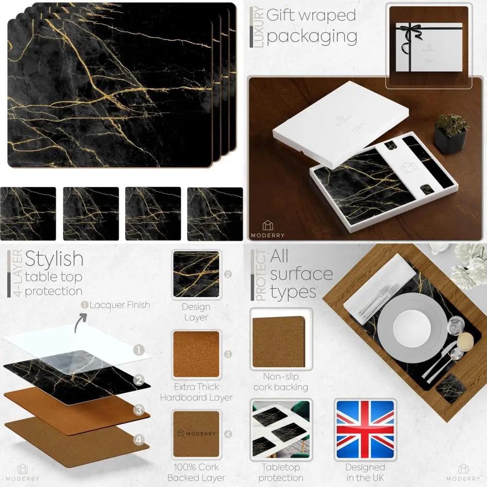 

Heat Resistant Marble Cork Placemats Set of 4 with Matching Drink Coasters, 16x12 Inches for Dining Tables