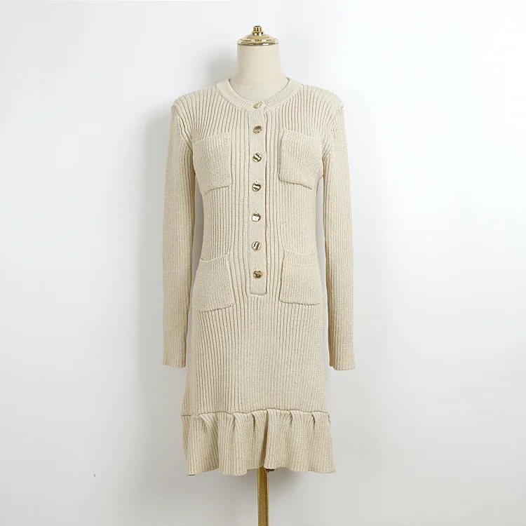 2026 Lente/Herfst Elegante O-hals Gebreide Jurk Vrouwen Single-breasted Knop Verstoorde Gouddraad Detail Lange Mouwen Midi Jurk