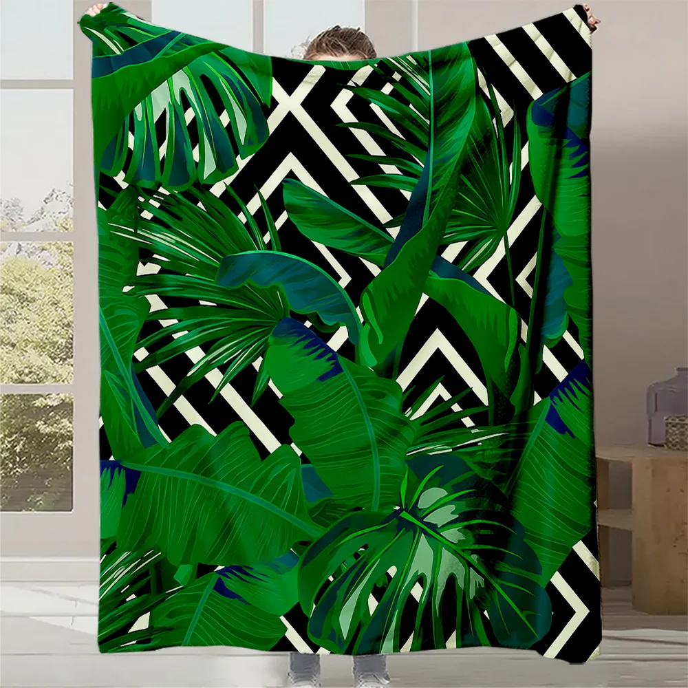 1pc Tropical Rainforest Plant & Black & White Geometric Print Blanket - High-Weight Flannel, Soft & Warm, Light Beige-Friendly