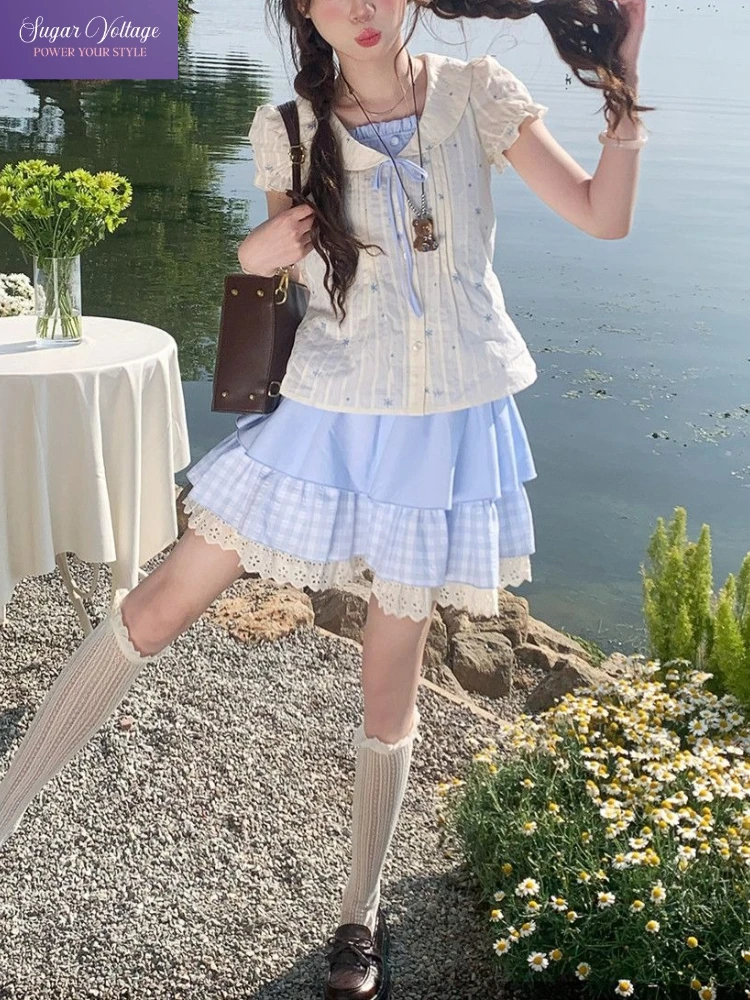

Japanese Sweet Cute 2 Pieces Set Women Floral Fake 2 Piece Shirt + Blue Puffy Tiered Skirt Fashion Casual Harajuku Chic Clothes