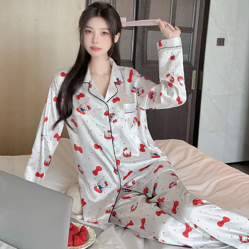 

Sanrio Hello Kitty женские сексуальные пижамные комплекты Kawaii мультфильм студенческий осенний отдых с длинными рукавами длинные брюки ледяной шелк домашняя одежда новинка