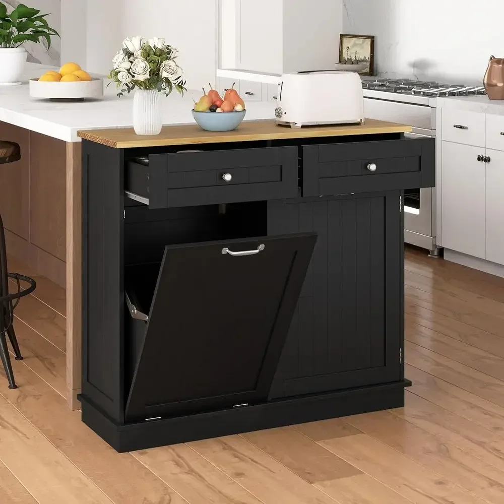 Kitchen Island Table with Solid Wood Top, Double Drawers, Adjustable Shelf, Hidden Laundry Hamper, Pet Proof Trash Can, Dining L