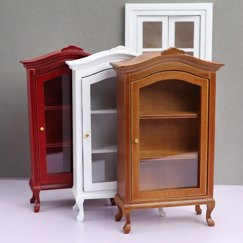 1:12 Dollhouse Miniature Display Cabinet, DIY Wooden Curio Showcase for Micro Scene, Mini Furniture Collectible Model