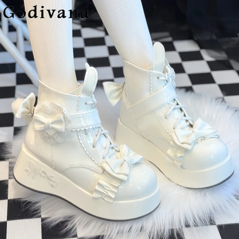

Original Lolita Snow Boots for Women Fleece Thick Sole Sweet Warm Short Boots Female Japanese Cute Winter Cotton Shoes