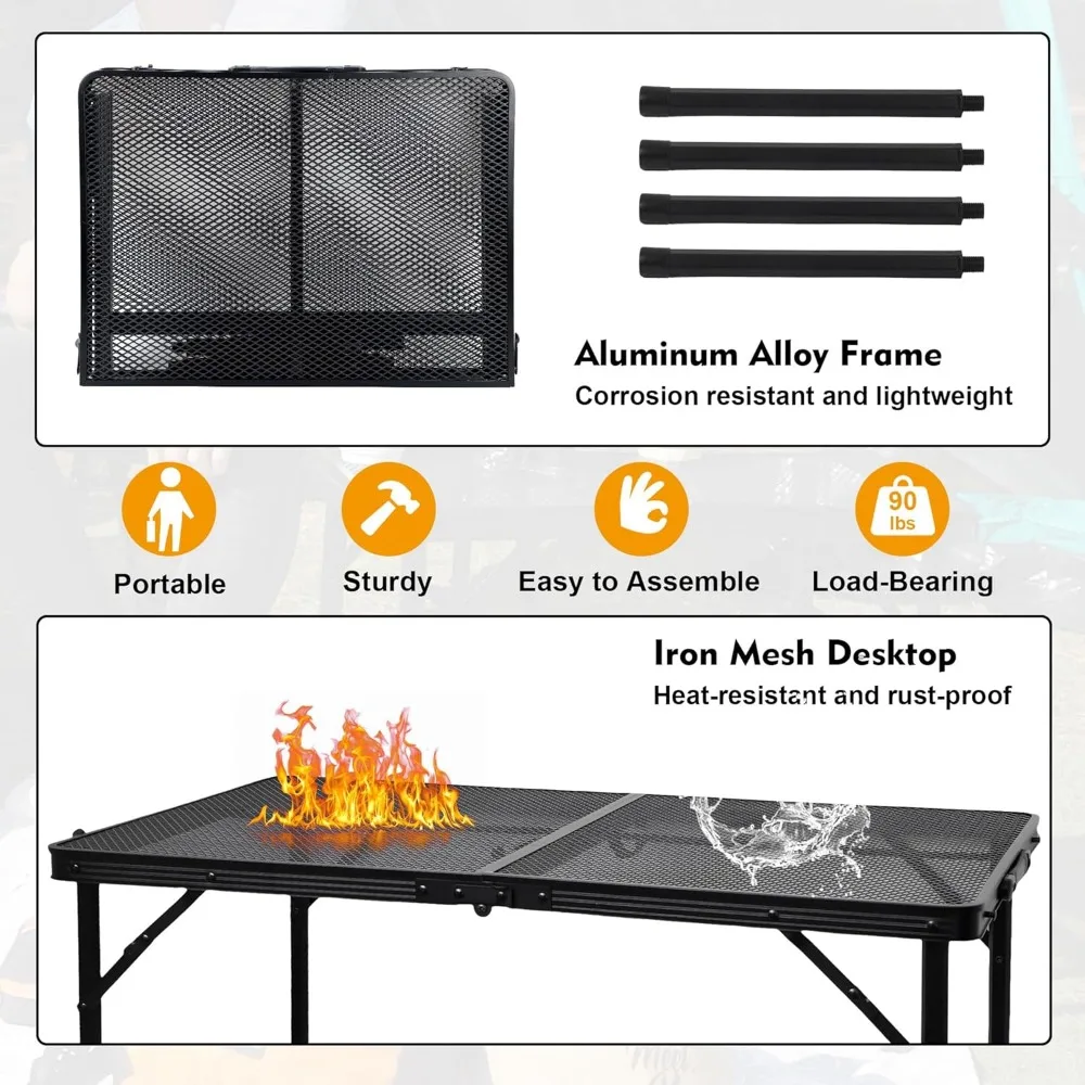 Camping Table with Mesh Desktop, Lightweight & Portable Folding Grill Table, Height Adjustable Sturdy 3 FT Metal Table