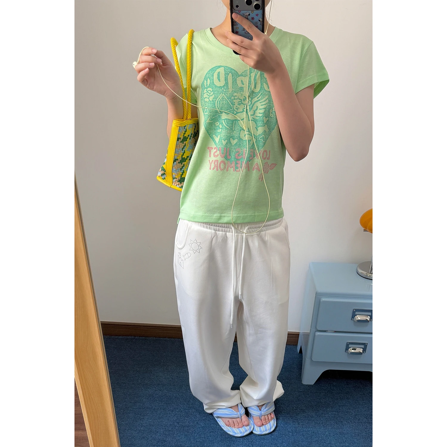 Sakura Mint Green Print Lightweight Short Sleeve T-Shirt Women's Casual Fit Cotton Blend Summer Top Breathable Summer Tee
