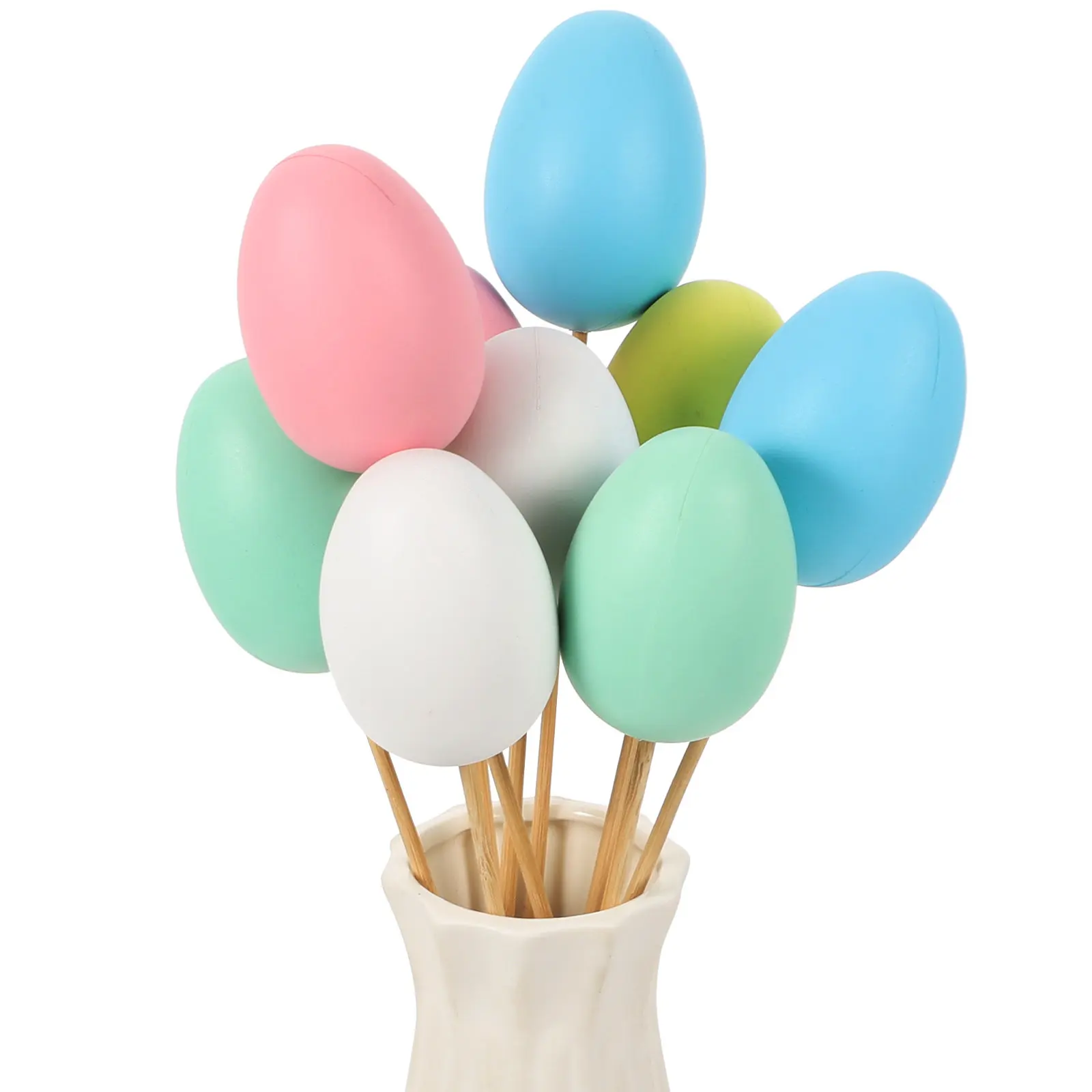 9Pcs Vibrant Plastic Easter Eggs Bright Painted Designs Ribbon Bow Accents Wooden Sticks for Easter Decorations Coloring Crafts