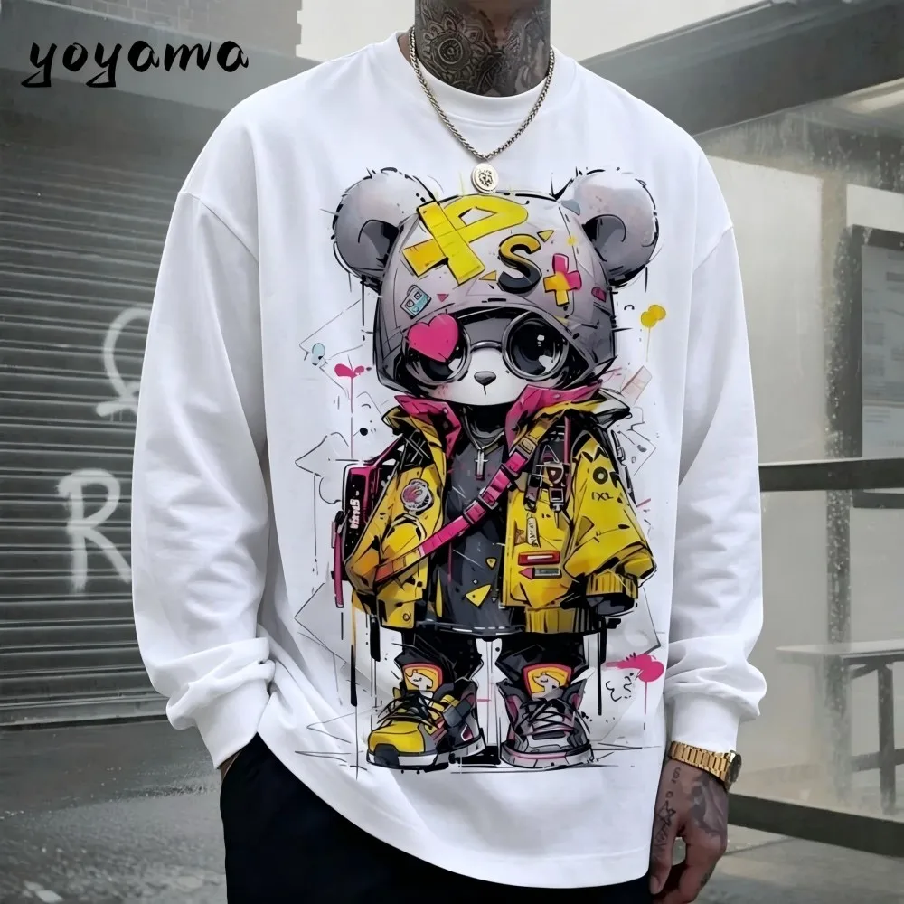 Men's autumn skateboarding teddy bear letter print micro elastic comfortable round neck long sleeved T-shirt outdoor casual top view 2