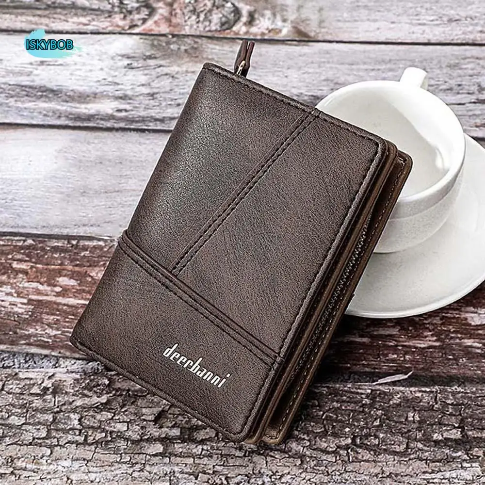 

Vintage Grey Coffee Blue Men Short Wallet PU Leather with Zipper Men Card Holder 2 Folds Multi Function Men Coin Purses Men