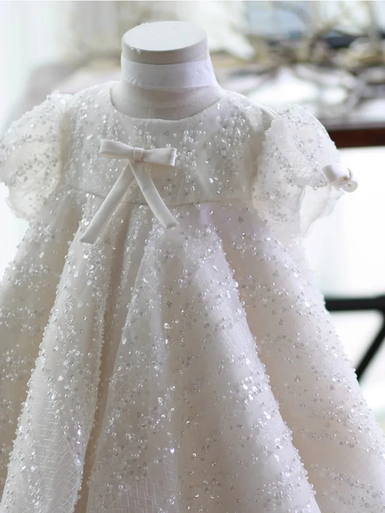 2024 New Baby Girls Birthday Baptism Princess Ball Gown Kids Cute Bow Sequins Design Wedding Party Dresses y1202