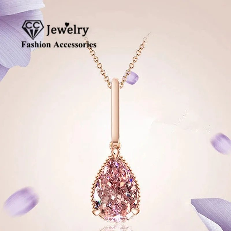 CC Chain Pendant Necklace For Women Rose Gold Plated Water Drop Pink Cubic Zircon Stone Wedding Party Fine Jewelry CCN285