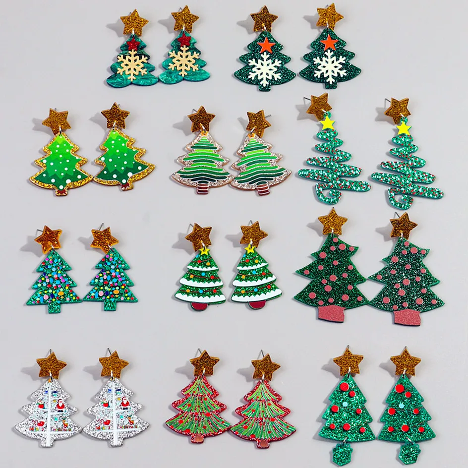 بريق الاكريليك شجرة عيد الميلاد نجمة استرخى أقراط للنساء ، الكرتون بيان النبات القرط ، هدايا عيد الميلاد والمجوهرات ، جديد ، والأزياء #3