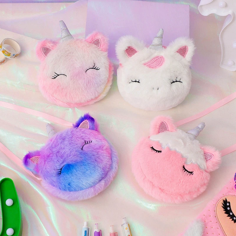 2023cCartoon Unicorn Shoulder Bag Kids Girls Square Belt Key Coins Purse Travel Messenger Bag Fur Crossbody Bag Coin Purse Gift