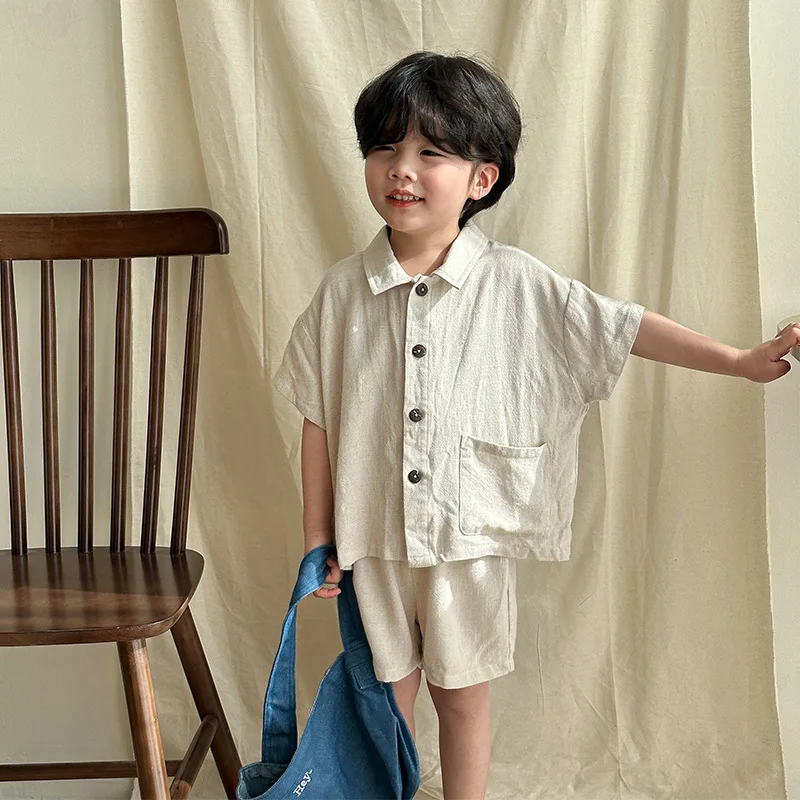 2024 Summer Clothes Brother Sister Outfits Girl Children Linen Solid Short Sleeve Dress Boy Baby Loose Casual Tops+Shorts 2pcs