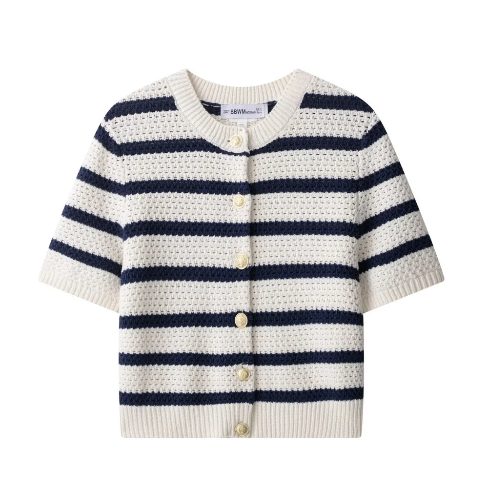 RARF Damen-Oberteil mit lockerer Textur, Rundhalsausschnitt, Knopfleiste, kurze Ärmel, gestreift, Frühling/Sommer, neuer Stil, europäischer und amerikanischer Strick