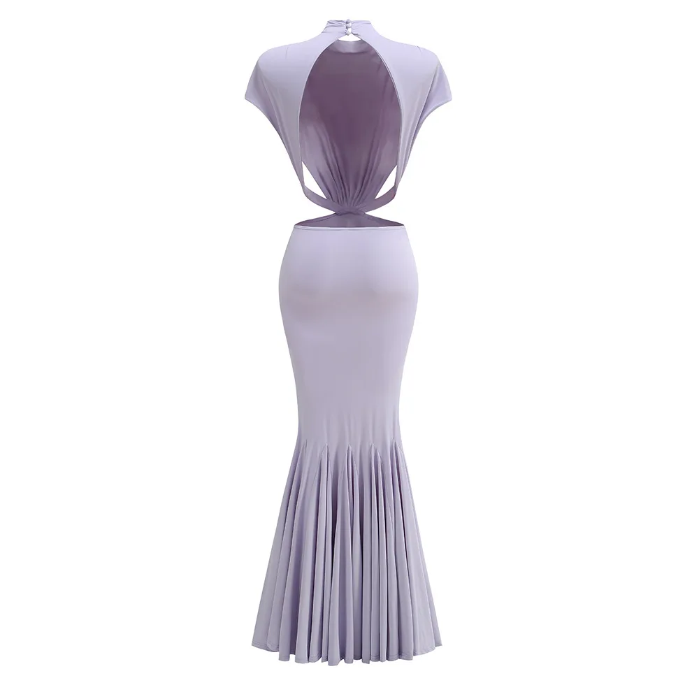 Sexy elegantes rückenfreies Maxikleid mit Schleife und Schnürung für Damen, ärmellos, mit Aussparungen, für Partys und Abendveranstaltungen, langes Kleid in Lila. – Detail 27