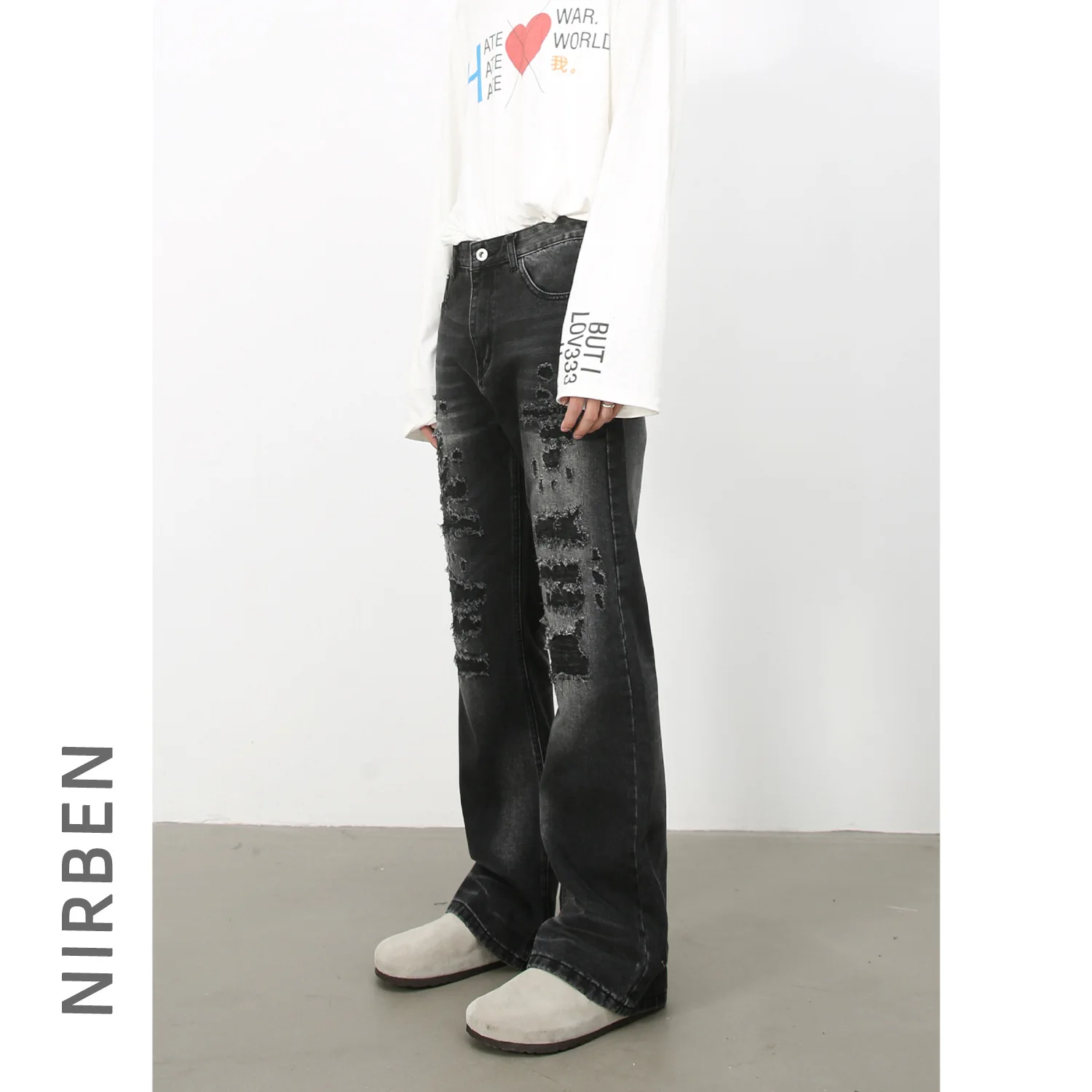 Denim American High Street Micro-pull Jeans Men's Messy Needles Worn Retro Loose Straight Trousers