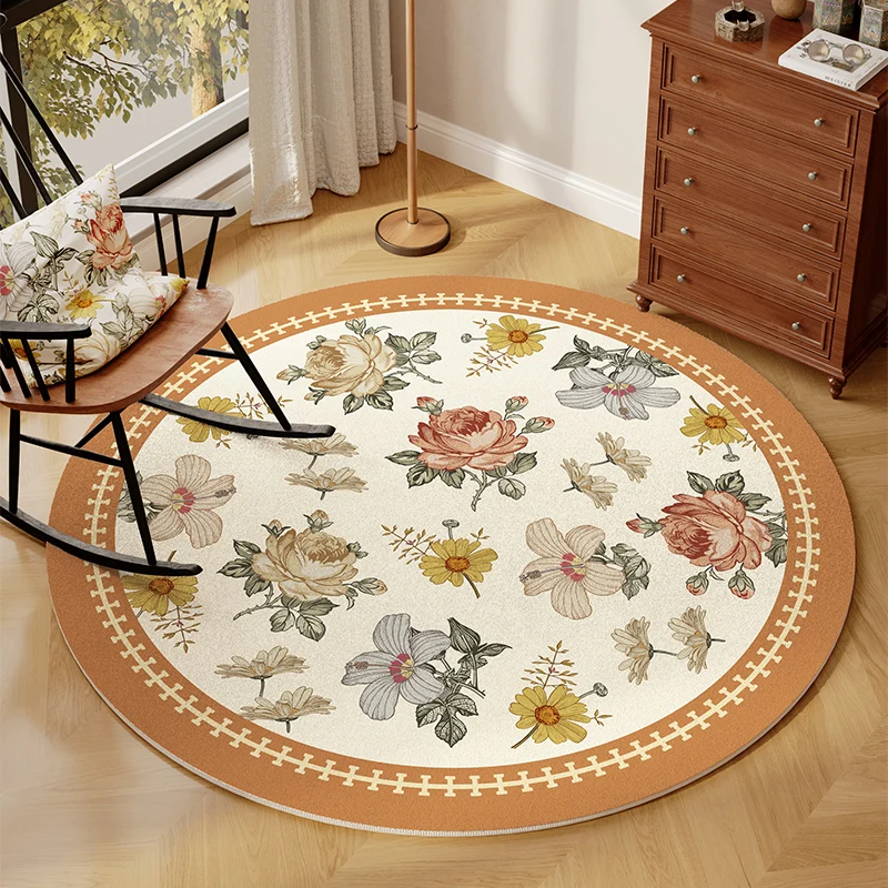 Floral Round Rug – Fluffy Soft Plush Carpet for Living Room, Bedroom & Study, American-Style Home Decor