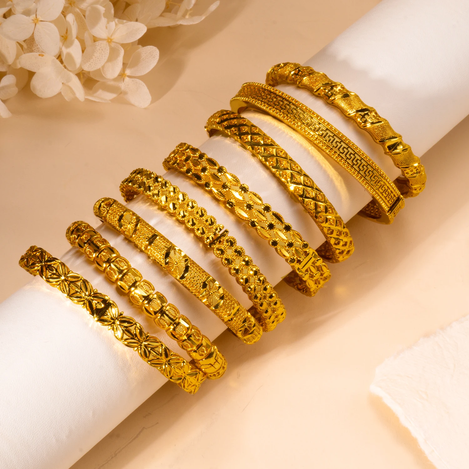 Luxury Dubai Gold Color Bangles For Women 24K Gold Plated Three-dimensional carving Bracelets Charm Wedding Hand Jewelry