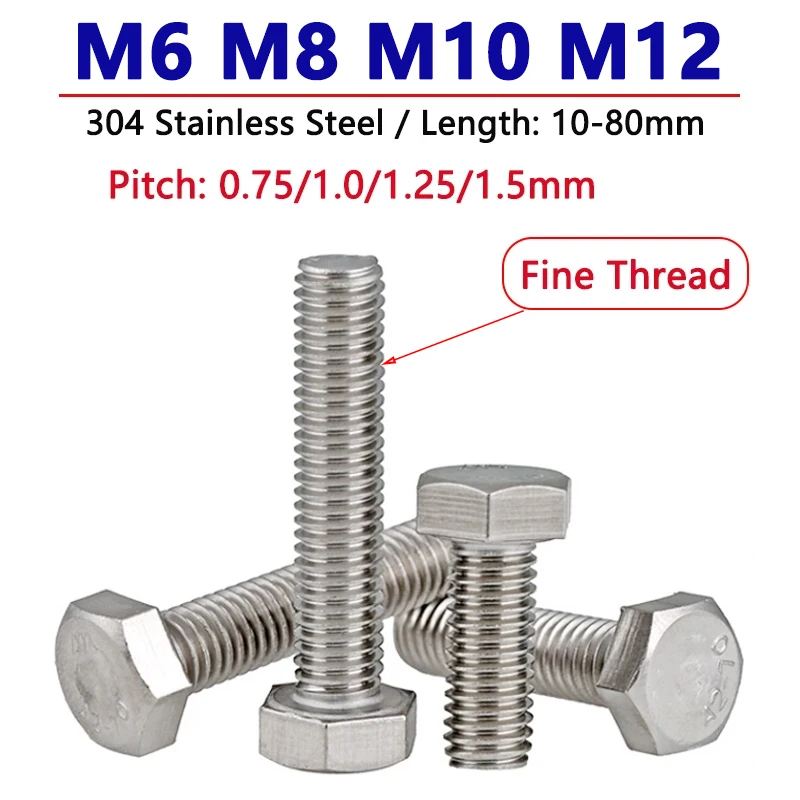 

M6 M8 M10 M12 304 Stainless Steel Fine Thread Cylindrical Head Hex Hexagon Screw Bolt Pitch 0.75/1.0/1.25/1.5mm Length 10-80mm