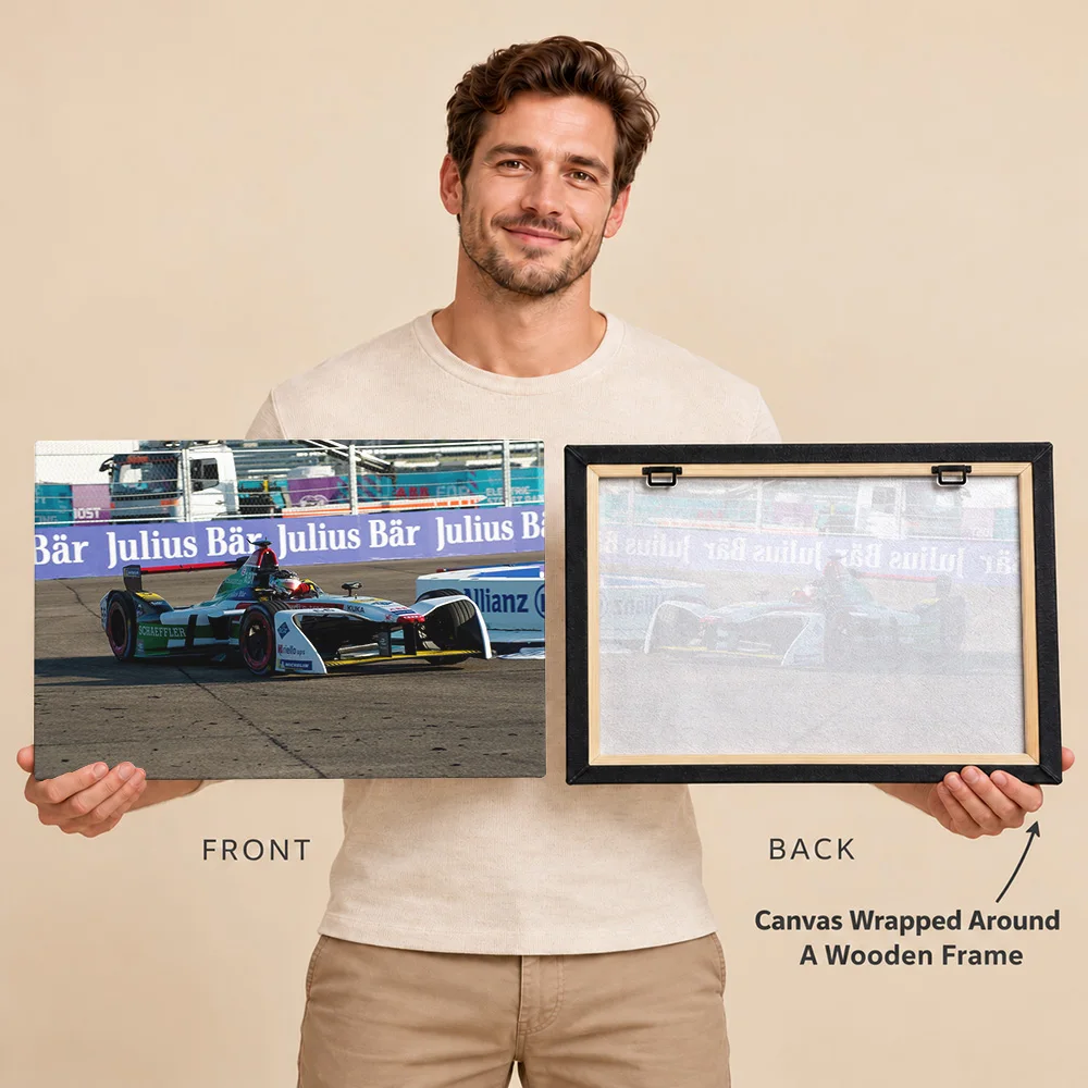 Daniel Abt Berlin Electric Racing Car Wood Framed Canvas Print Personalized Photo Circuit Action Perspective Wall Art For Garage