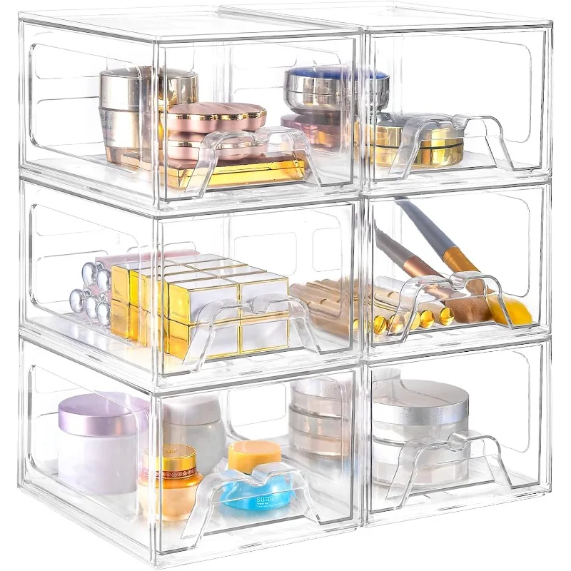 6 Pack Stackable Makeup Organizer, 4.4'' Tall Acrylic Bathroom Makeup Organizer and Storage Drawer with Pull-out Handle, Clear