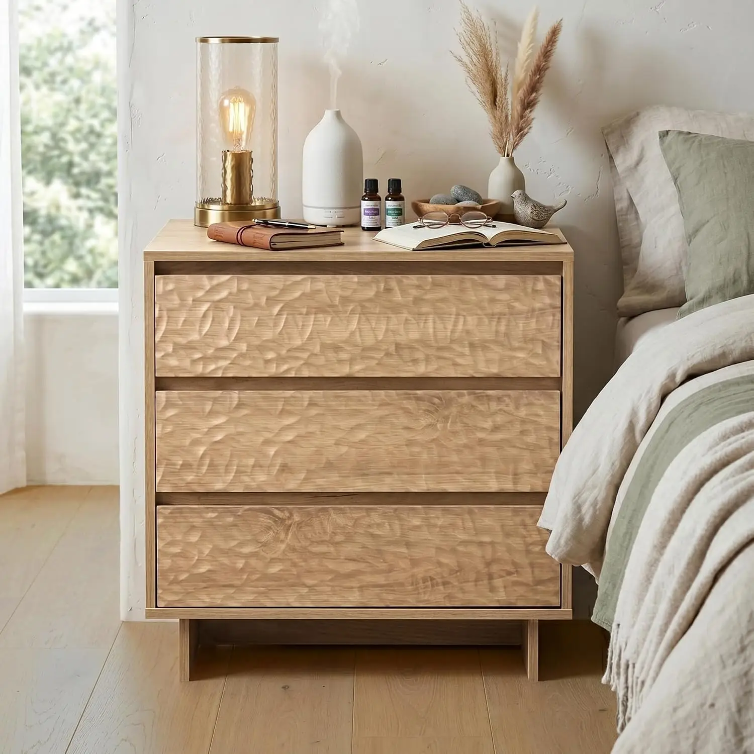 Nightstands with Charging Station, Modern Nightstand with 3 Drawers, 26.5