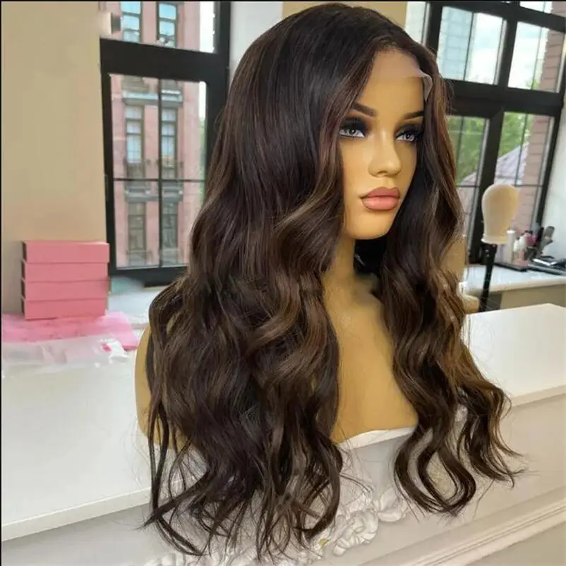 Glueless Soft 28'' Highlight Brown Body Wave 5x5 Silk Base Jewish Human Hair Wig With Baby Hair HD European Hair Preplucked Wig