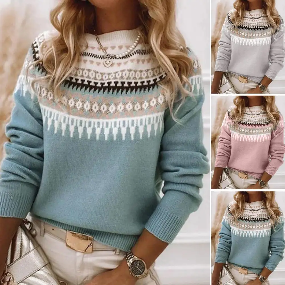 Women Crochet Texture Sweater Knitted Sweater Stylish Women's Crochet Knit Sweaters Geometric Pattern Patchwork for Fall