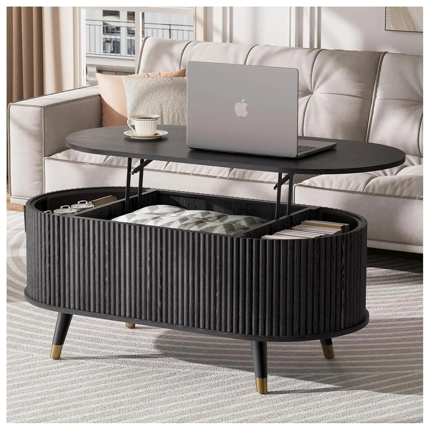 

42.5" Oval Lift Top Coffee Table with Storage,Modern Black Center Table with Fluted Design, Pop Up CoffeeTable, Customized