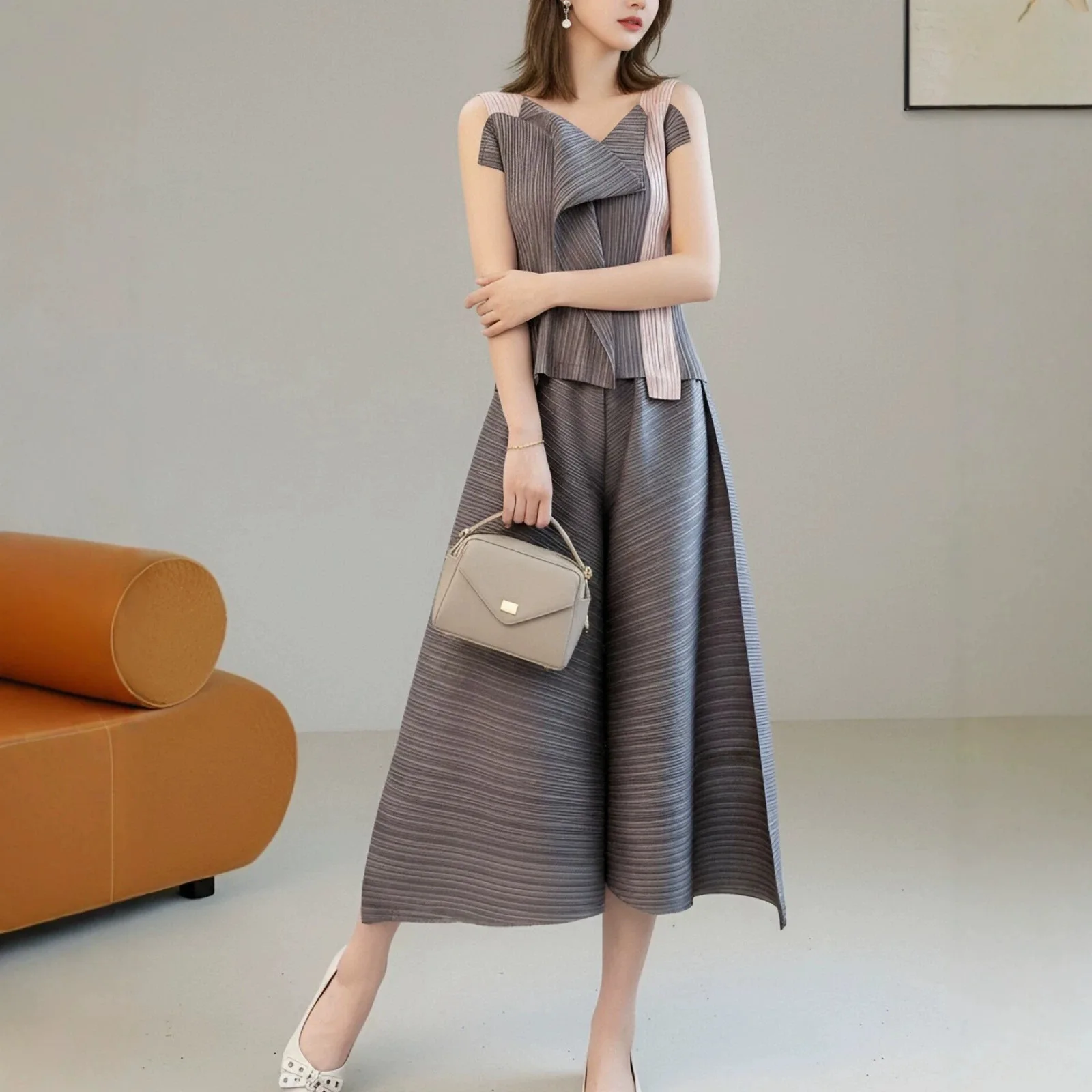 Miyake Women's Summer Pleated Two-piece Set High-end Irregular Colorblock Strap T-shirt + Elastic Waist Wide Leg Pants