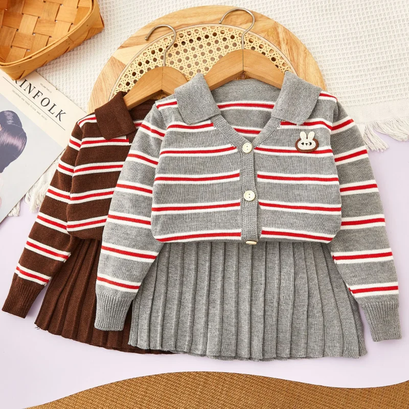 

Girls' Sweater Set Autumn Winter Preppy Style Knitted Cardigan+Pleated Skirt Two-Piece Set Wholesale