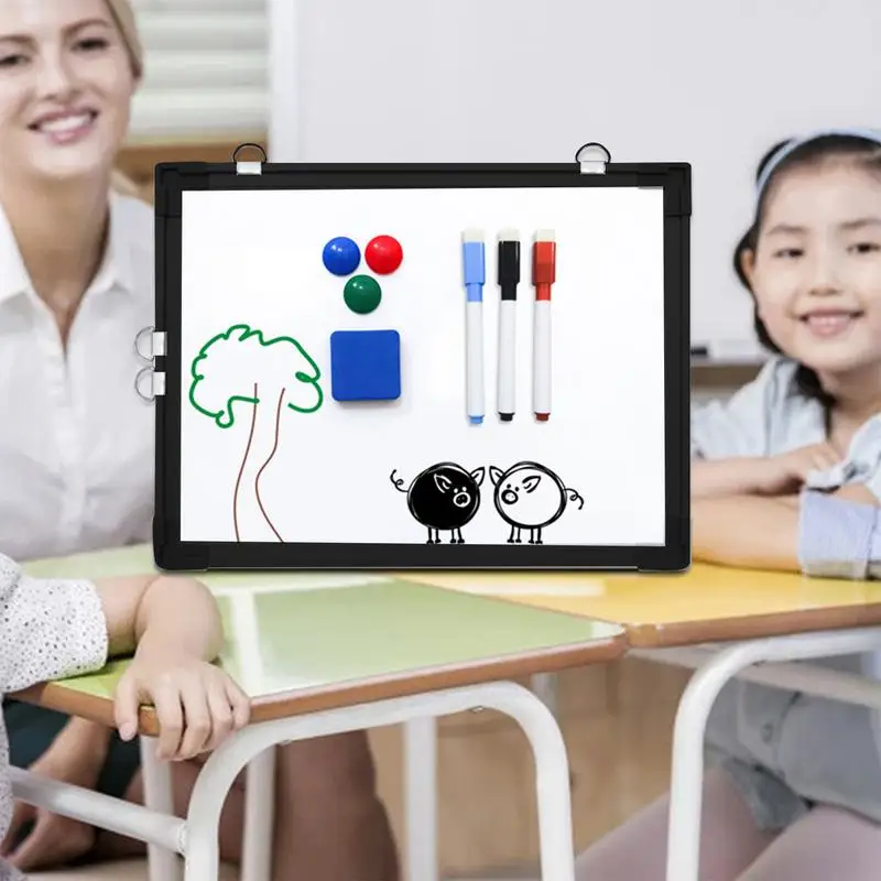 Papan tulis putih magnetik papan tulis putih kecil dengan 2 spidol 1 penghapus 4 magnet halus papan gambar tulis dua sisi aluminium