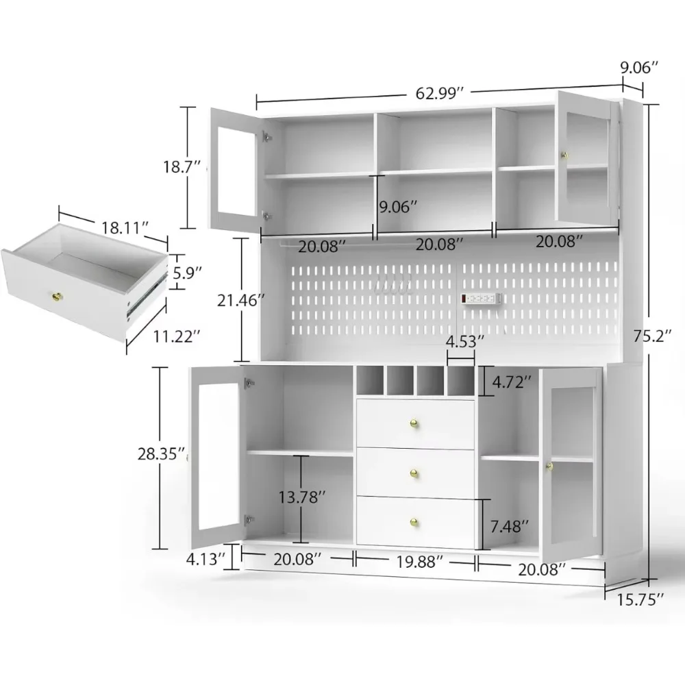 Armário de cozinha, armário de despensa, armário autônomo para buffet, poweroutlet, 4 portas3 gavetas, armário, prateleira de micro-ondas, prateleiras para vinho