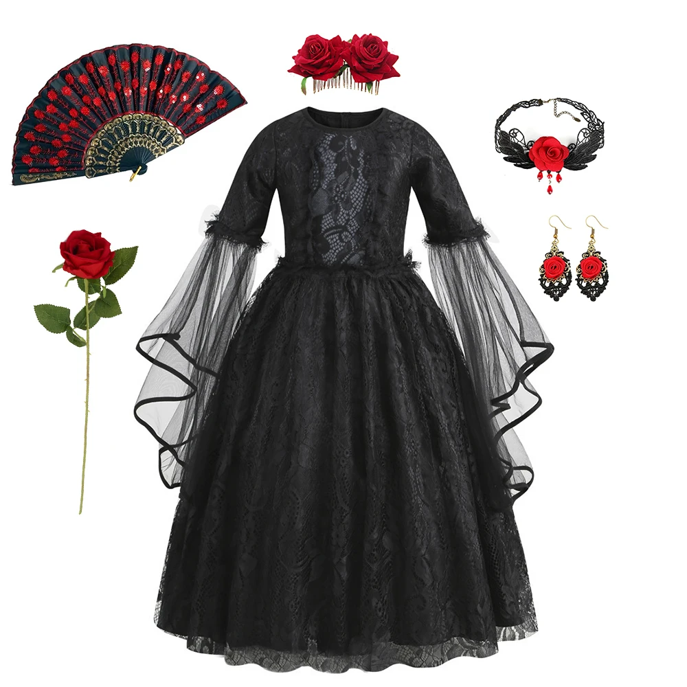 Kids Day of The Dead Fancy Dress Black Mesh Long‑Sleeve Gown Rose Accessories Set Girls Halloween Vampire Party Costume