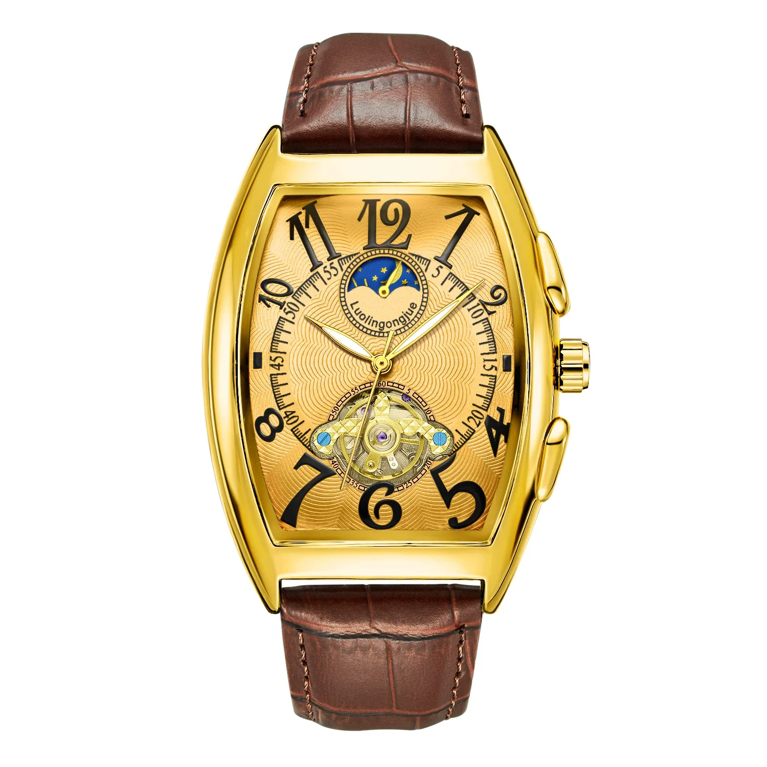 Square Mechanical Watch Cow Leather Luxury Wristwatch Tonneau Watch