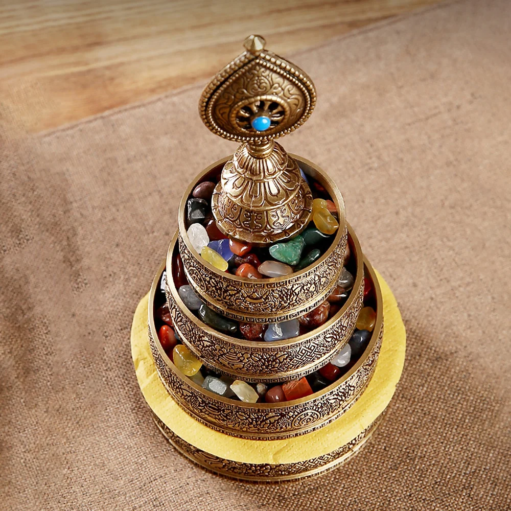 Tibetan Pure Copper Eight Auspicious Symbols Mandala Plate, Nepalese Carved Mandala Set, Gem‑Inlaid Offering Tray for Buddha