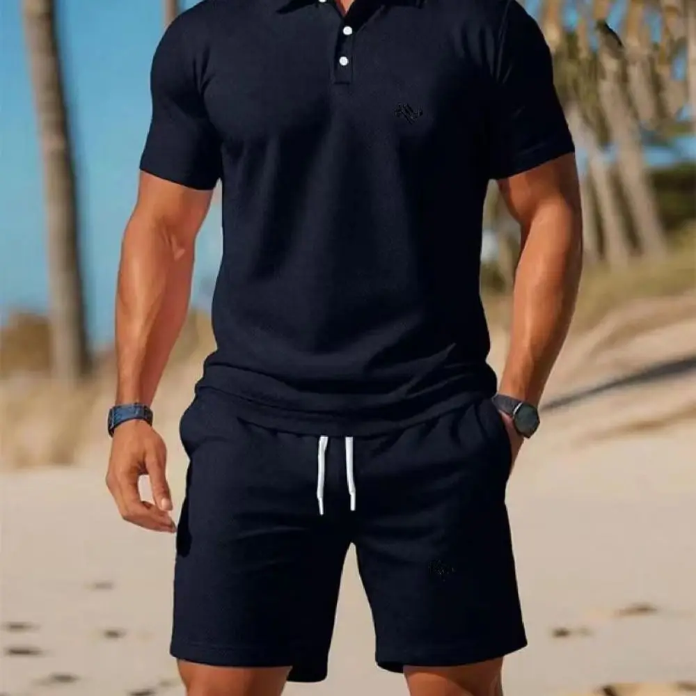 Summer Men's Streetwear 2 Piece Set polo-Neck T-Shirt+Sports Shorts Quick Dry Fitness Gym Running Suit Hot Sale Fashion Casual