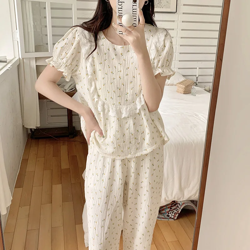 

Lace New Summer Print Princess Sweet Cute Girlish Style Short Sleeve Pajama Set Women Korean Loose Sleepwea Elegant Casual Ins