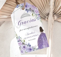 Favor Tag Chic Purple Lilac Lavender Floral Silver Quinceaneara 15 Birthday Sweet 16, 100 Pieces