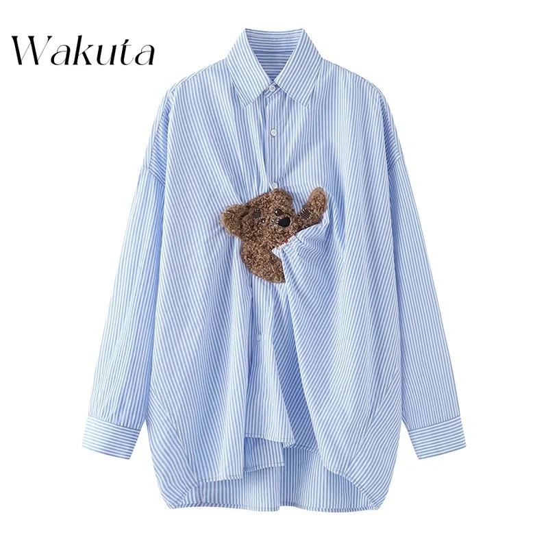 WAKUTA French Trend Lapel Long-sleeved Striped Shirt Fall New Retro Fun Cute Cartoon Shirt Fashion Commuter Blouses Y2K Clothes