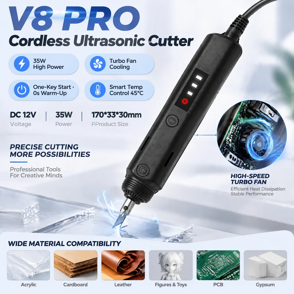 V8 PRO DC12V Hand‑Held Ultrasonic Cutting Knife 35W 3‑Gear Display DIY Model Making Tool Ultrasonic Cutter Handmade DIY Cutter