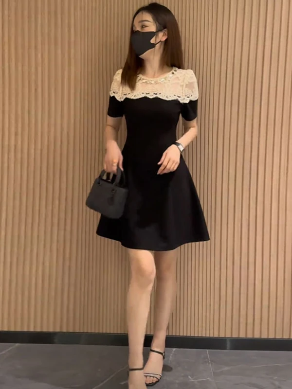 

Elegant Black Short Sleeve Dress Women's Summer Slimming Lace Insert Drapey Waist Cinched A-Line Dress for Wedding Office Par...