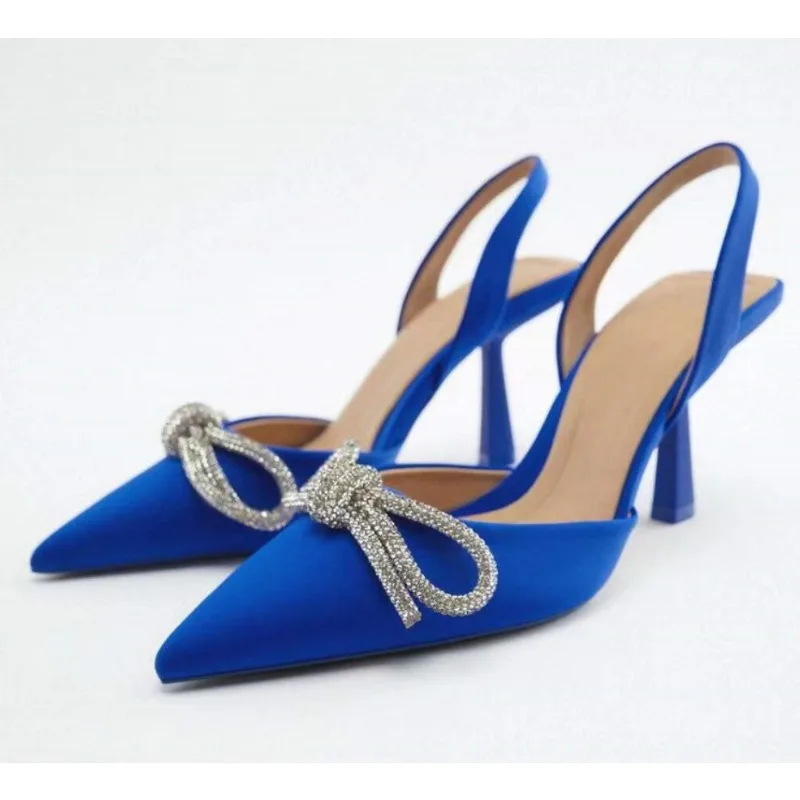 

New Luxury Women Blue Slingback Pumps High Heels Crystal Bowknot Party Dress Shoes Woman Sexy Pointed Toe Stiletto Heel Sandals