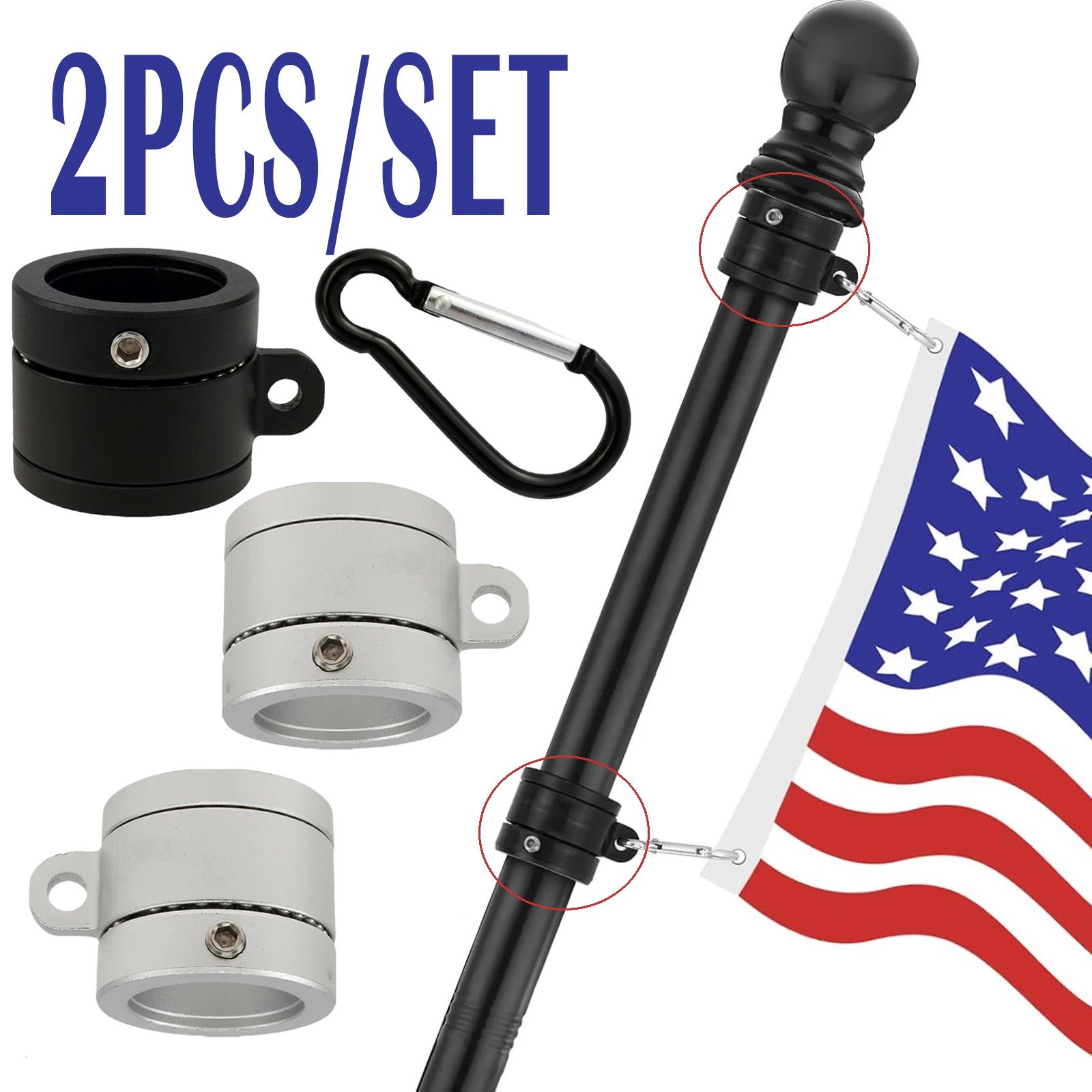 1 Pair Flag Pole Ring 360 Degrees Rotatable Aluminum Alloy Flag Mounting Ring with Bearing Ball Anti Wrap Spinning Flagpole Ring