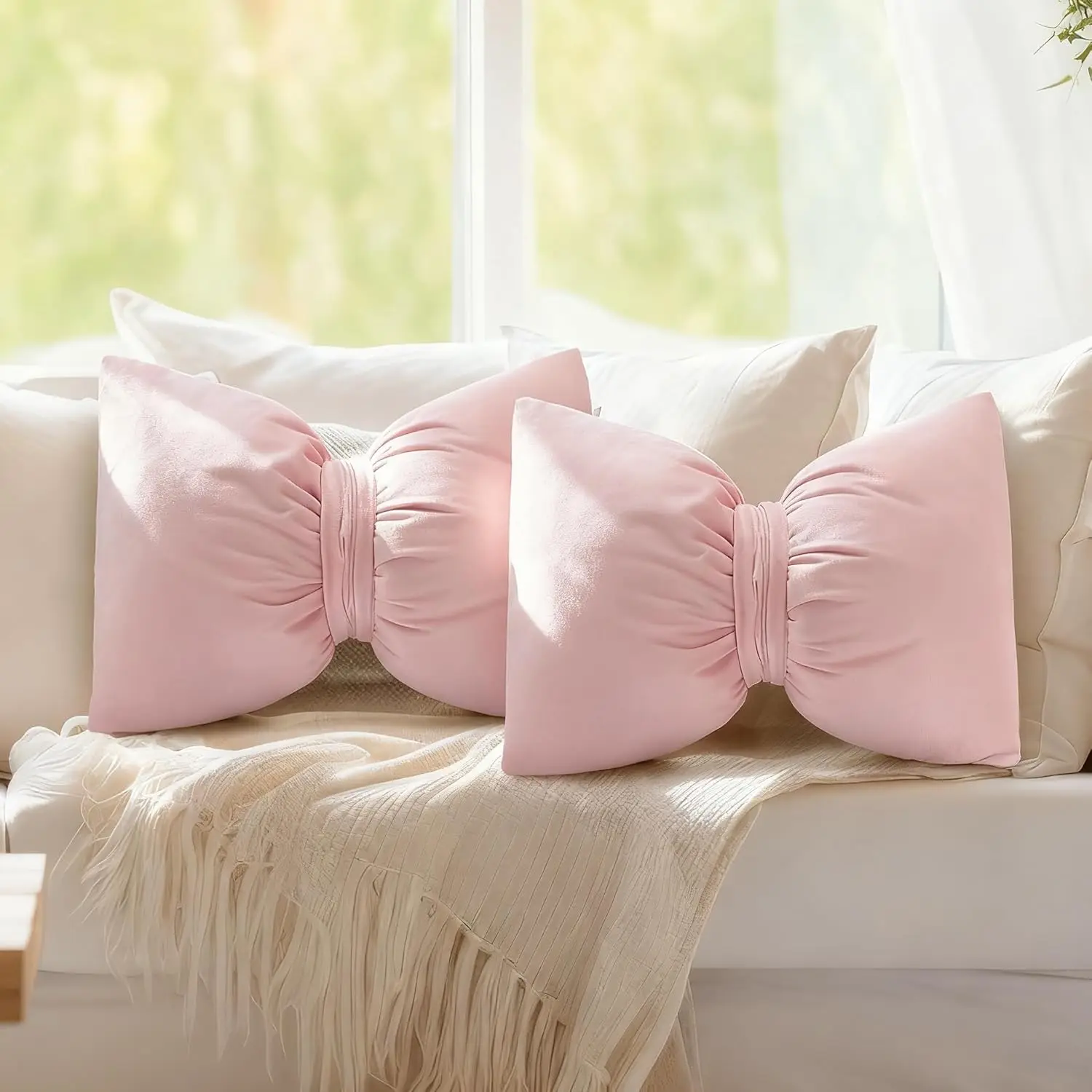 

Набор из 2-х розовых бархатных подушек с бантом, 12x18 дюймов, уютные декоративные подушки для кровати, дивана, автомобиля