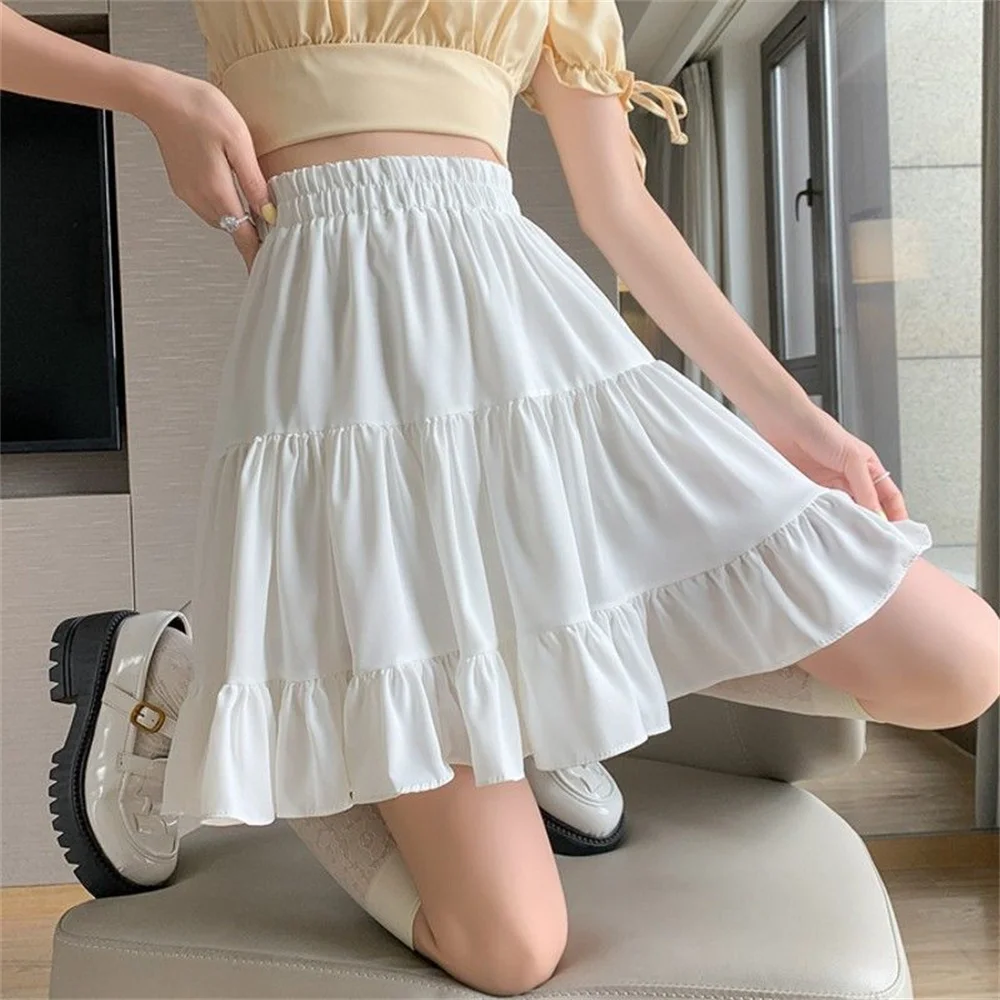 Novedad de verano, falda de gasa blanca, cintura alta, corte en A, fina, plisada con volantes, falda de medio cuerpo, moda coreana, faldas de calle para mujer