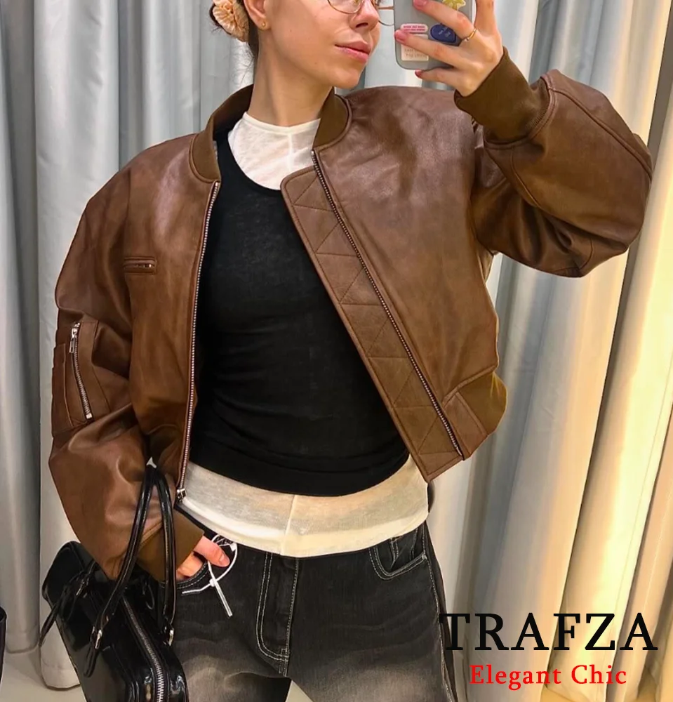 TRAFZA-chaqueta de cuero PU con cremallera para mujer, Abrigo acolchado con bolsillo y cuello redondo, holgado, Estilo Vintage, otoño e invierno, 2024